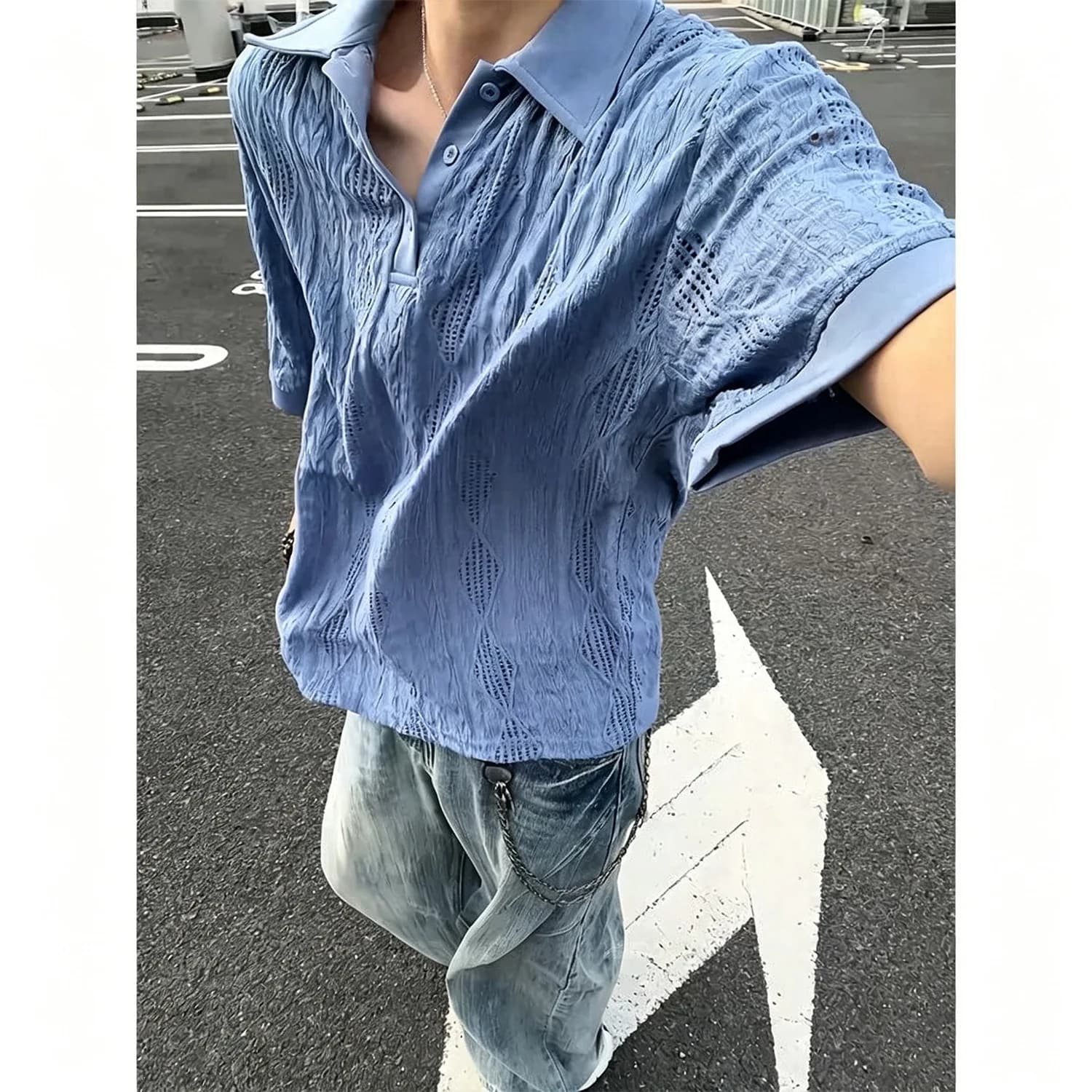 Pure Lust Style Texture Knitted Polo Shirt for Men, Summer Mesh Breathable Short Sleeves and Half Sleeves