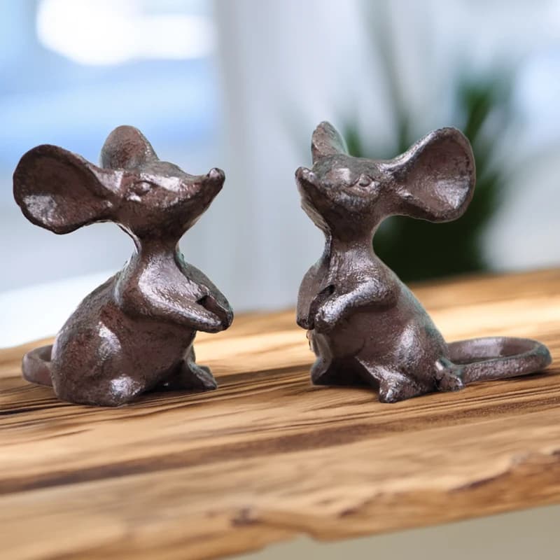 Cast Iron Little Cute Mouse Ornaments Decorative Lovely Figurines Indoor Outdoor Statues Intersting Animal Sculpture 2PCS Pack