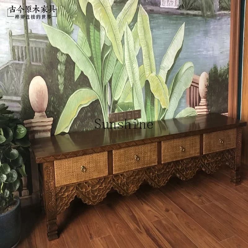 Style retro furniture log TV113 Thai carved rattan surface audio-visual TV cabinet  FT