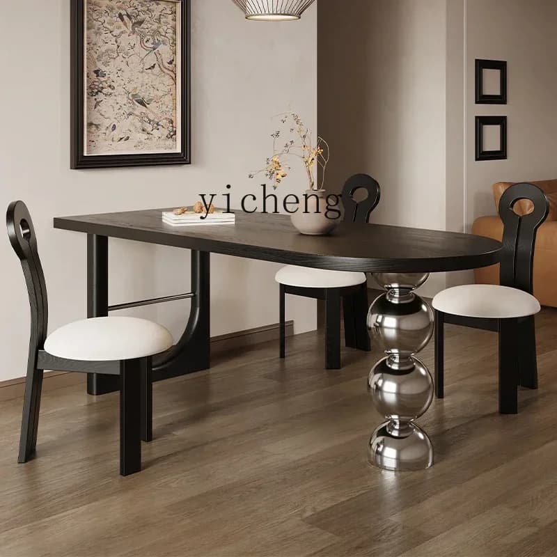 retro medieval solid wood dining table semi-round home black living room dining table and desk integrated
