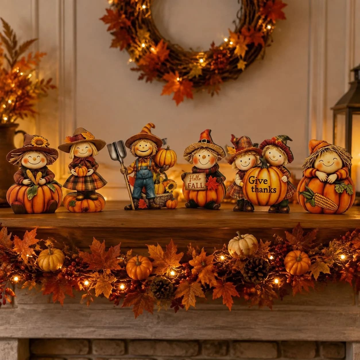 6-Piece Wooden Scarecrow Figurine Set - Cute Autumn Harvest Pumpkin Tabletop Decor for Thanksgiving & Fall Home Decoration