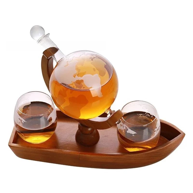High borosilicate glass wine bottle wooden frame boat type with wine glass decanter set