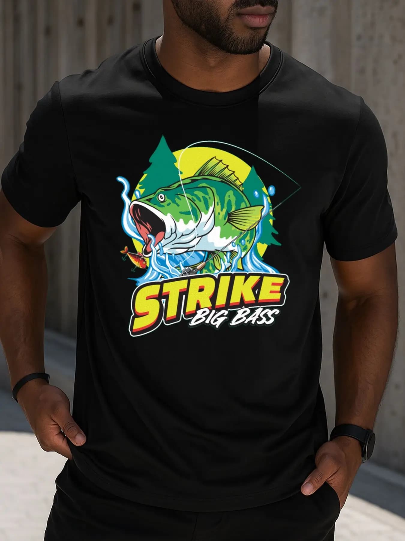 Big Bass Strike Fishing Graphic T-Shirt 100% Cotton O-Neck Short Sleeve Summer Casual Mens T-shirt Streetwear