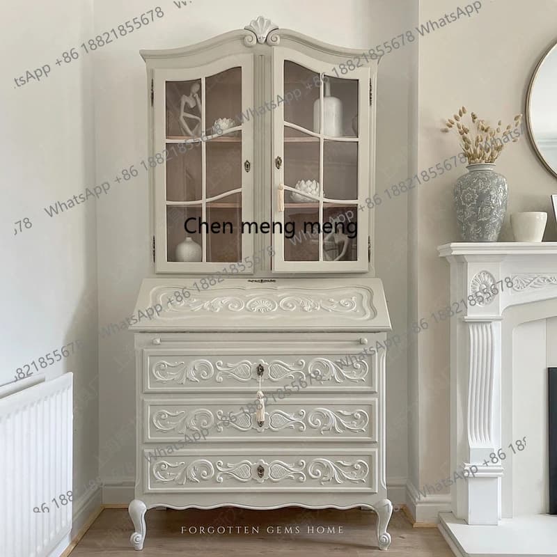 French white retro old double door wine cabinet European light luxury restaurant side cabinet with drawers