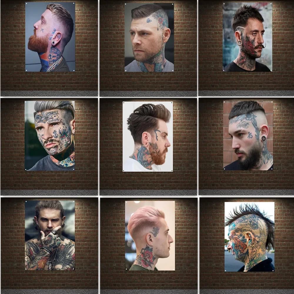 Men's Face and Head Tattoo Hairstyles Poster Wall Hanging Flag Tapestry Barbershop Tattoo Parlor Wall Decor Banner Wall Painting