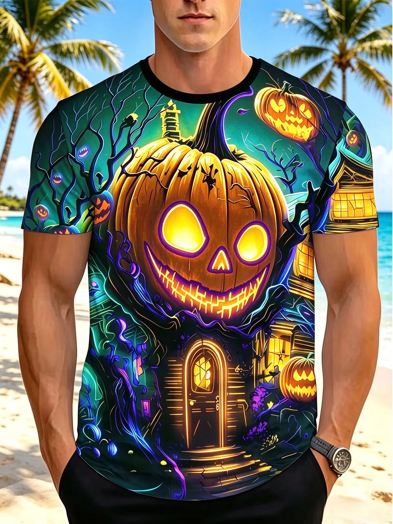 Halloween Horror Pumpkin Face Pattern Men T-Shirts Fashion Vintage Shirts Festival Funny Party Cosplay Y2K Loose Men's Clothing