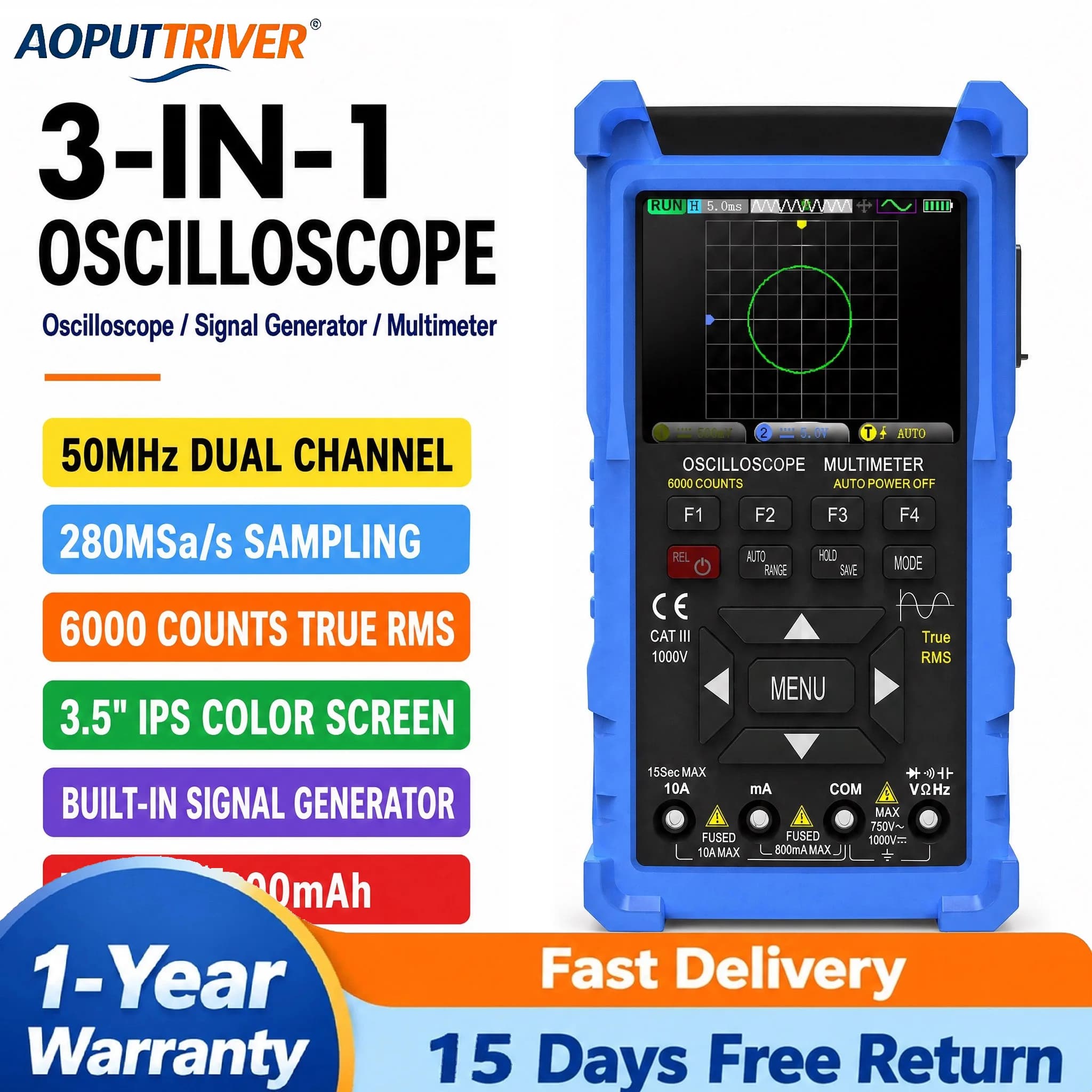 50MHz 280MSa/s Handheld Oscilloscope Multimeter 3in1 Signal Generator Dual Channel IPS 6000 Counts Type-C Portable Scope Meter