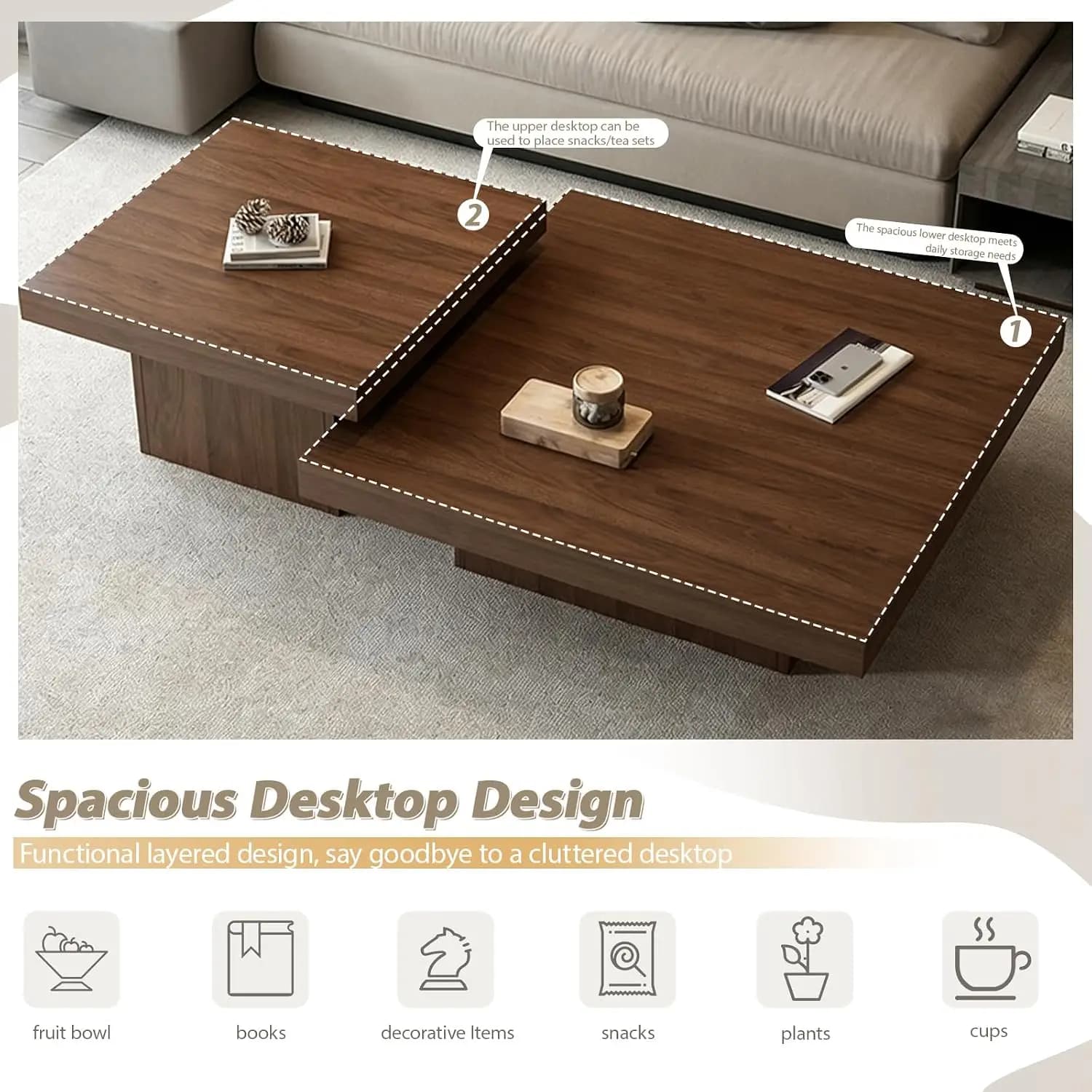 Nesting Coffee Table Set of 2, Modern Square Coffee Tables and Side Table Set, Full Floor Structure, Small Wooden Living Room Ta