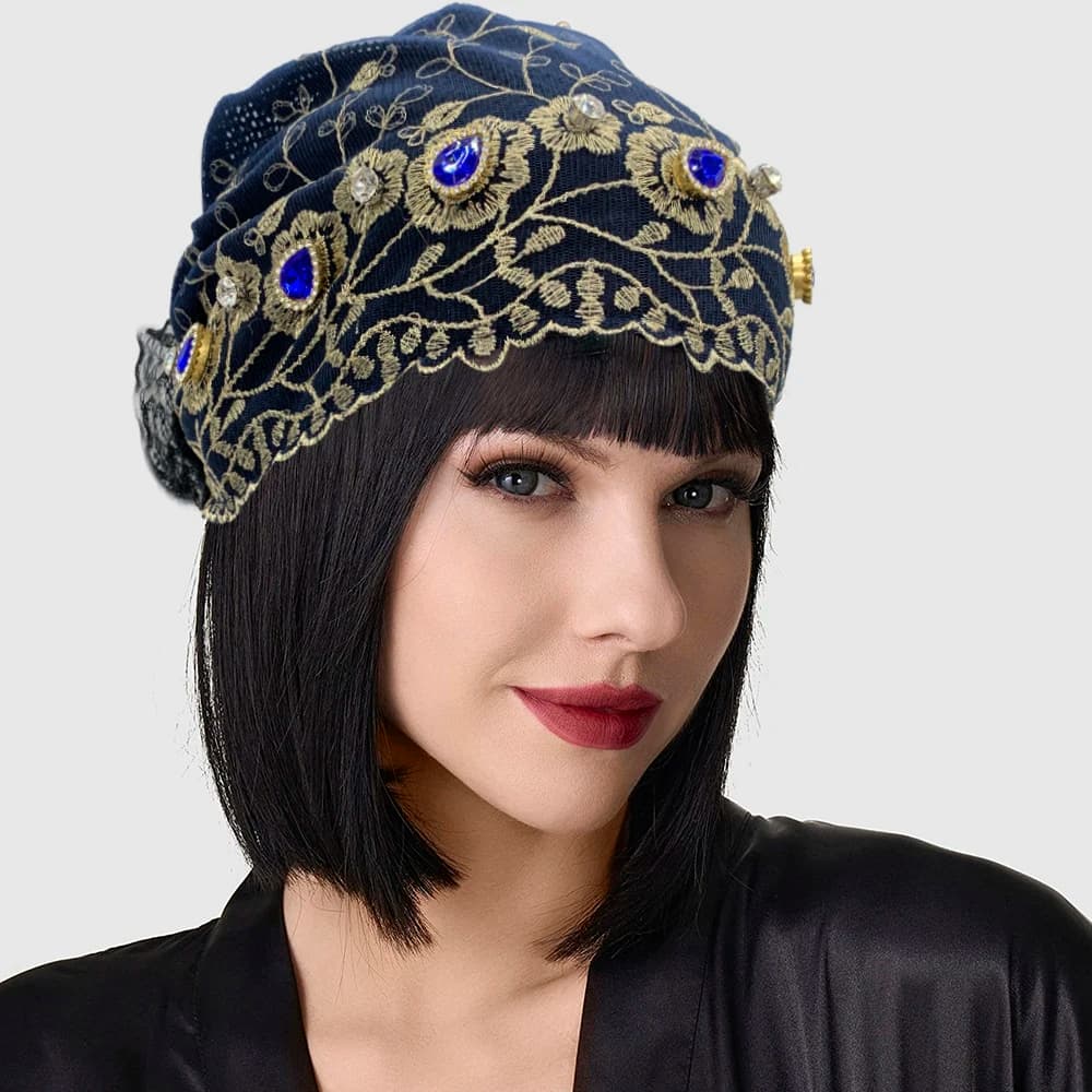 Embroidery Beading Women's Lace Turban Cap Muslim Women Summer Head Cover Caps Islamic Headwear Bonnet Female Head Wraps