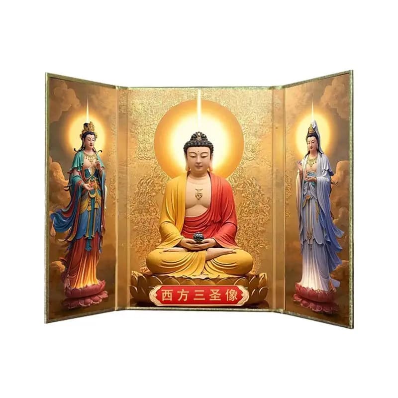 Cz sansheng foldable buddhist hall desktop ornaments 16 open screen amitabha buddha seated statue guanyin buddha statue for home