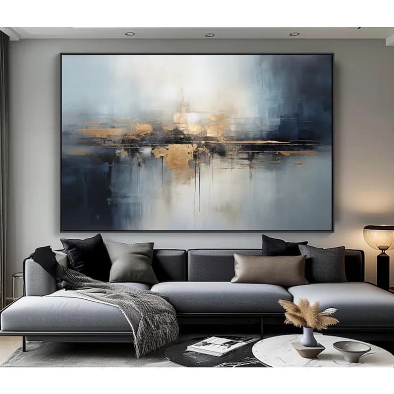 100% Hand Drawn, Textured, Acrylic Abstract, Wall Decoration for Living Room and Office Murals in Gold, Black, Beige, Navy Blue