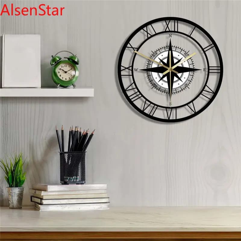 LED Hollow Wall Clock Black Compass Directional Chart Navigation Acrylic Decorative Wall Hanging Clock Watch Home Decoration