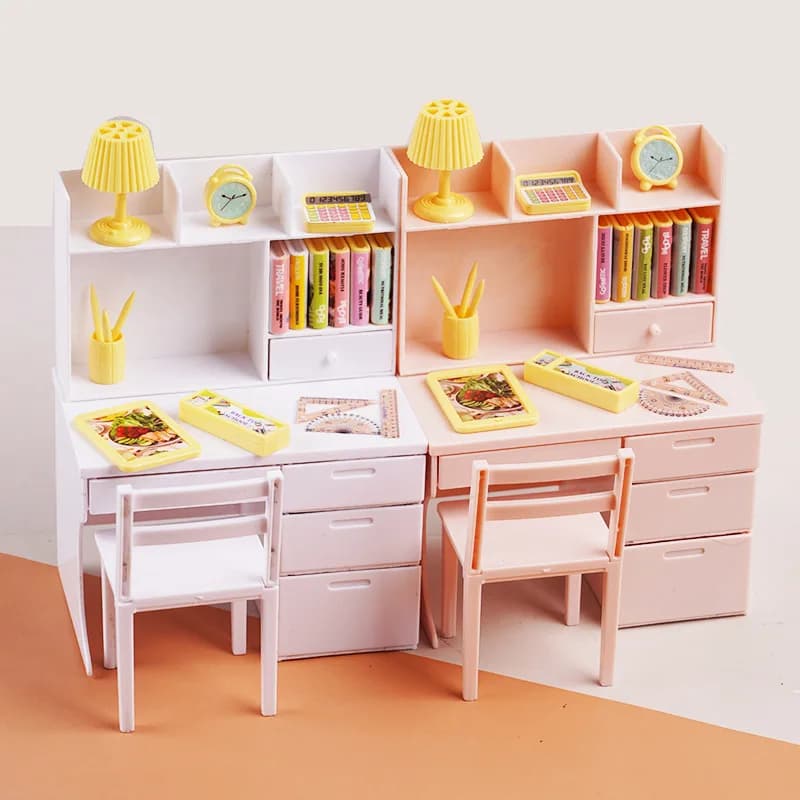 1set Mini Study Desk Set with Books Textbooks Pencil Case Stationery 1:12 School Furniture Learning Scene Desktop Decoration