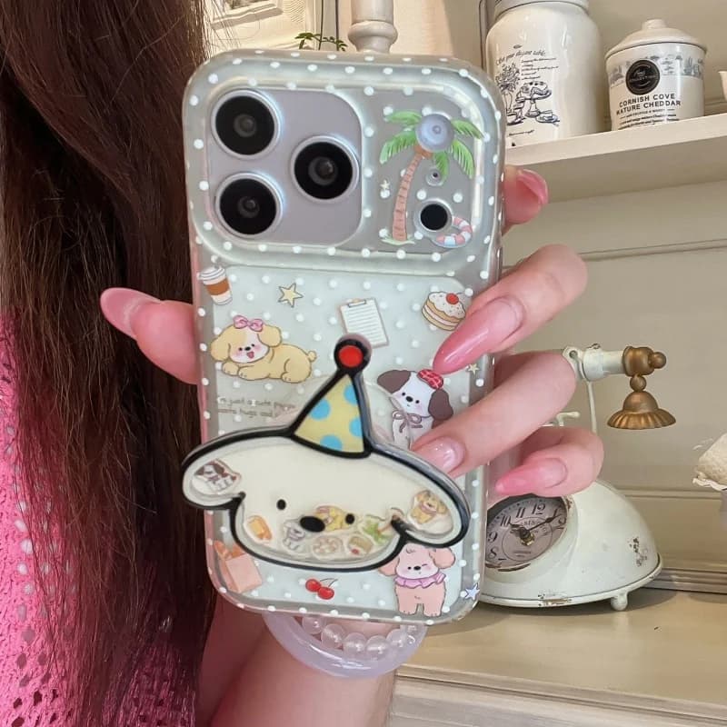Clear Yellow Polka Dot Cute Dog Phone Case For iPhone 17 Pro 16 15 14 Pro Max Cover with Shaking Stand Shockproof Protective Cas
