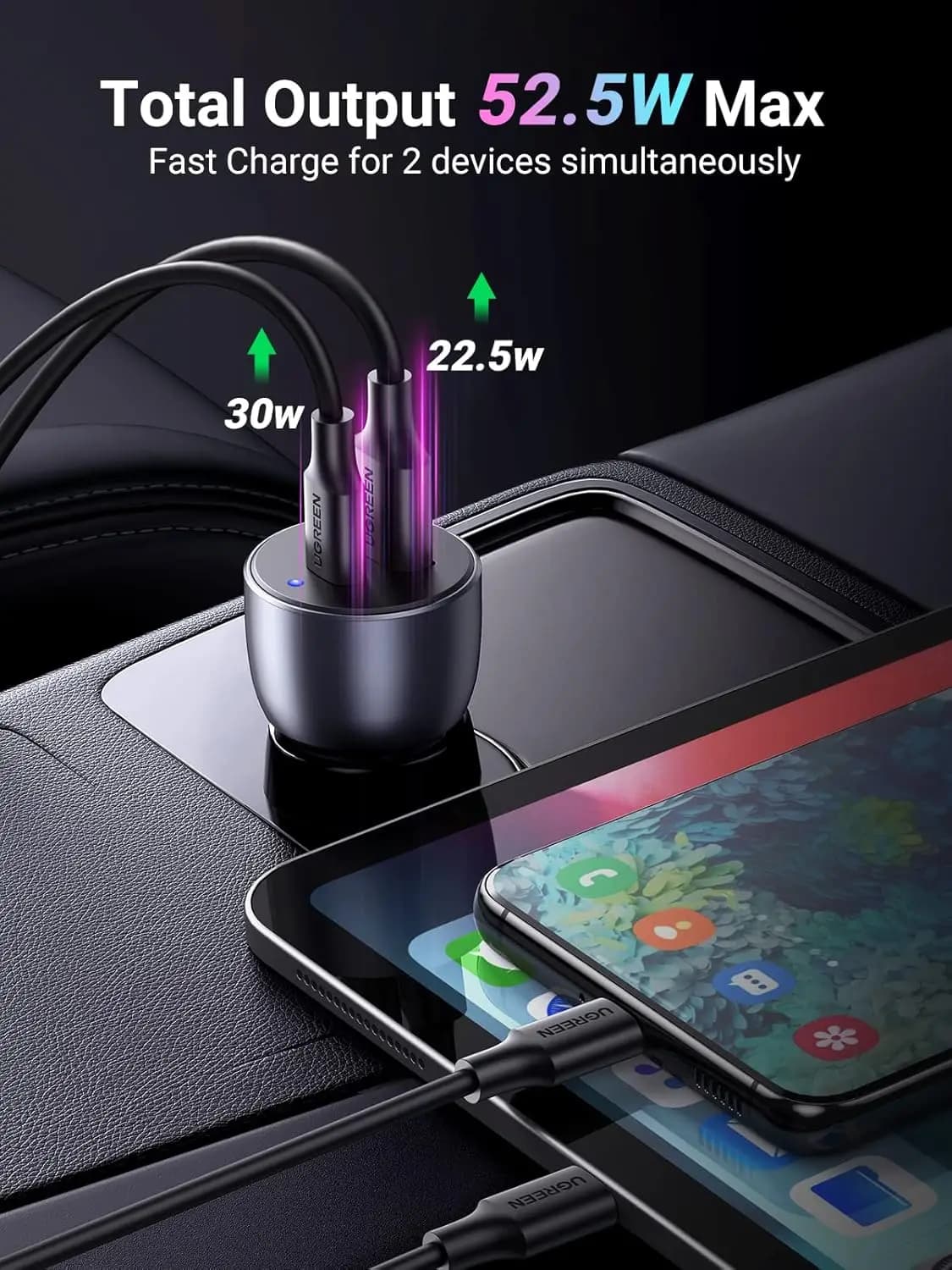 UGREEN USB C Car Charger, 52.5W Type C Car Charger PD 30W&QC 18W, Fast Car Charger Adapter