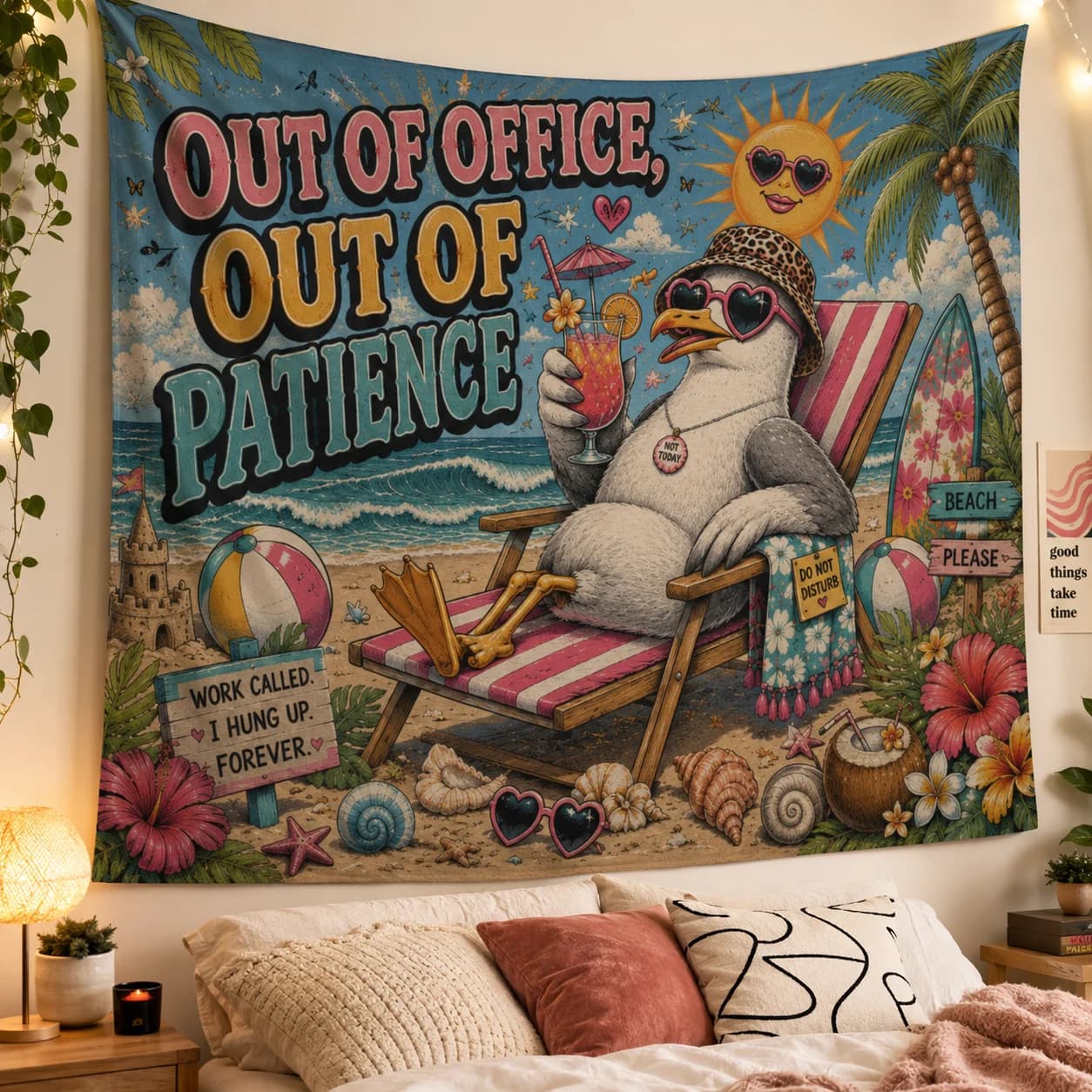 Beach Possum Tapestry Wall Art Cute Animal Summer Woven Blanket Tropical Landscape Room Decoration Aesthetic Backdrop Cloth