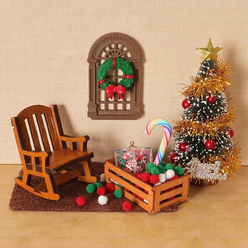 9pcs Dollhouse Christmas Tree Rocking Chair Vintage Window Christmas Set Miniature Scene Display Home Decor Decoration