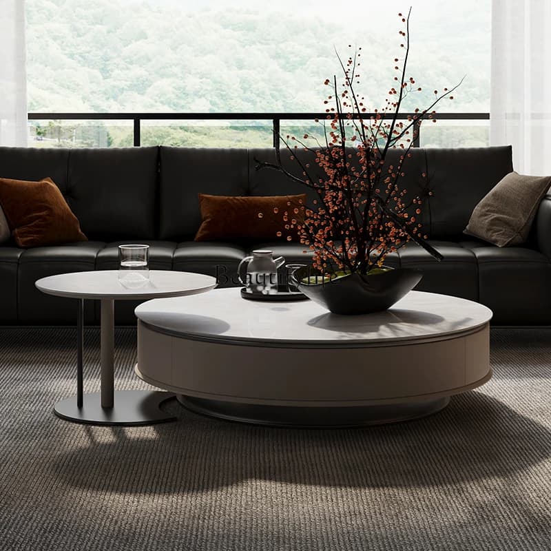 04Italian light luxury natural marble round coffee table household living room high sense size coffee table combination 2024 new