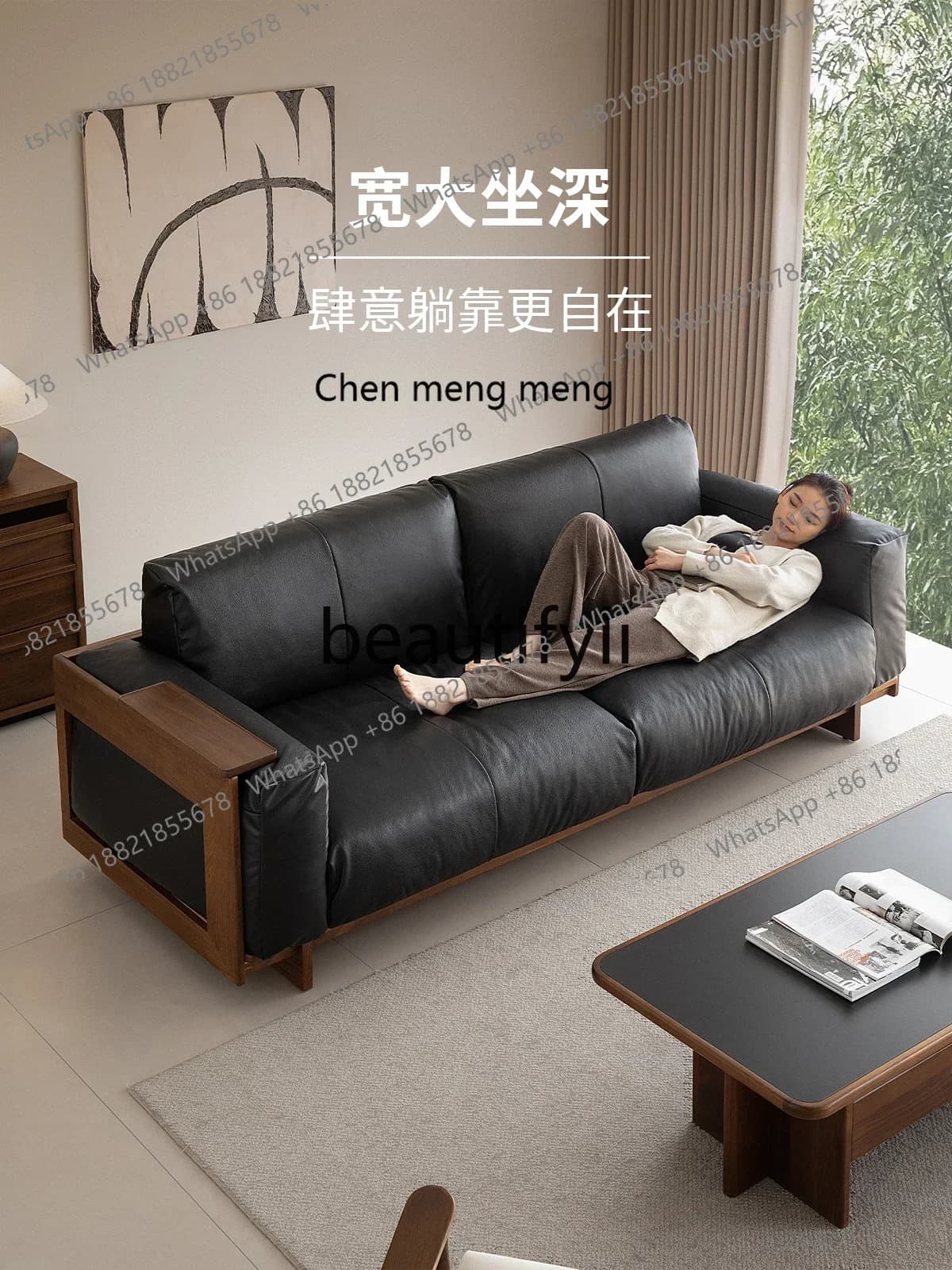 178cqy Leather sofa black first layer cowhide living room solid wood medieval small apartment simple new walnut