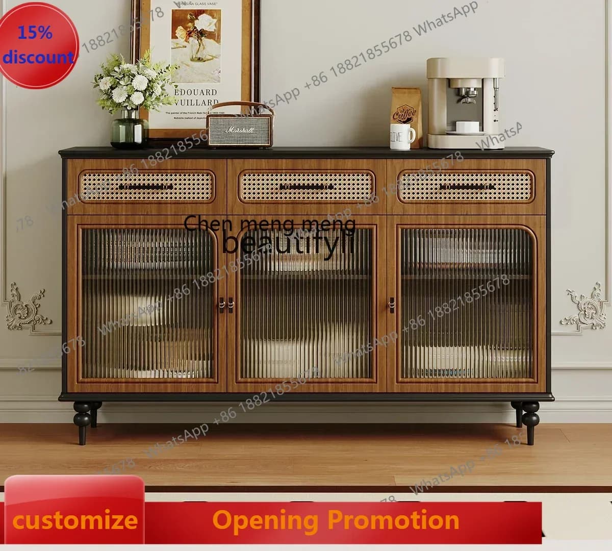 smt7486 Solid wood medieval dining side cabinet American retro light luxury rattan storage cabinet integrated against the wall s