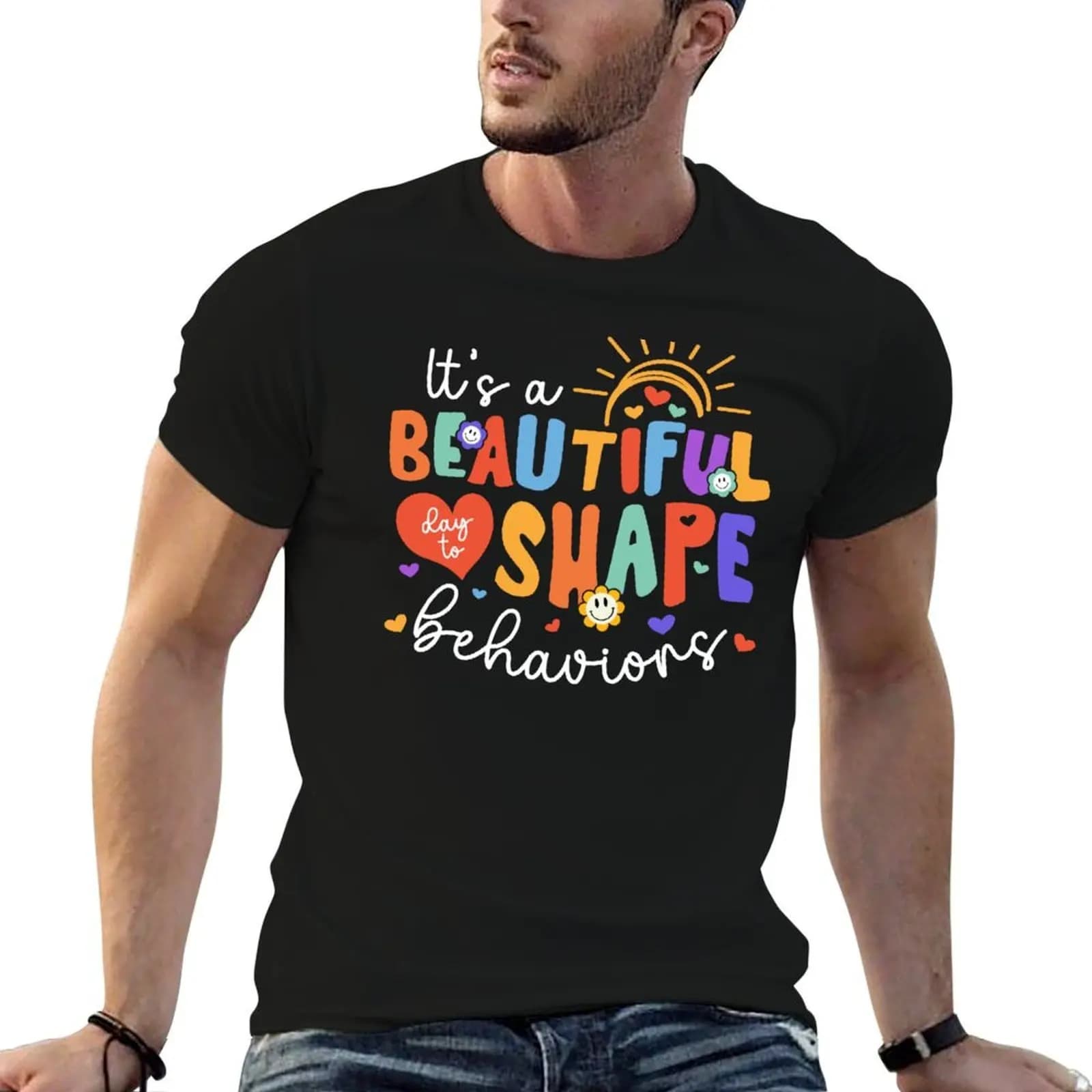 It's A Beautiful Day To Shape Behaviors Therapist Retro Groovy RBT Crew ABA Therapy Squad T-Shirt