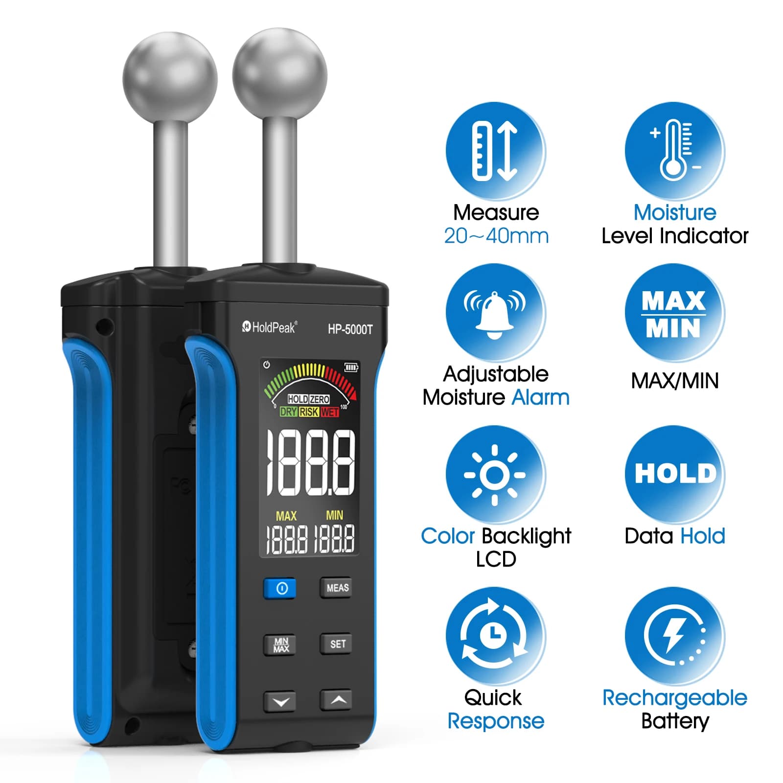 Non-Contact Wood Moisture Meter, Pinless 20-40mm Depth, HD Digital Display for Timber, Walls, Masonry & Building Materials
