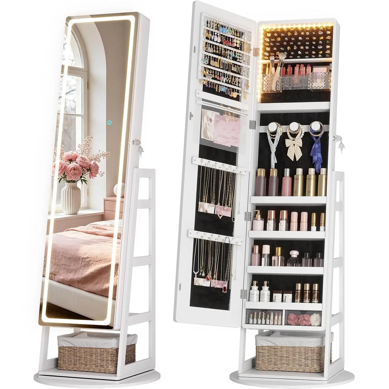 Standing Jewelry Cabinet Mirror with Adjustable LED Light White