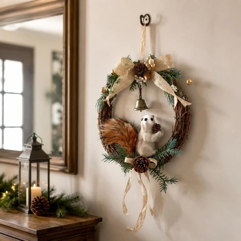 Woodlands Squirrel Wreath with Decorative Bowknot for Holiday Porch Display 55KF