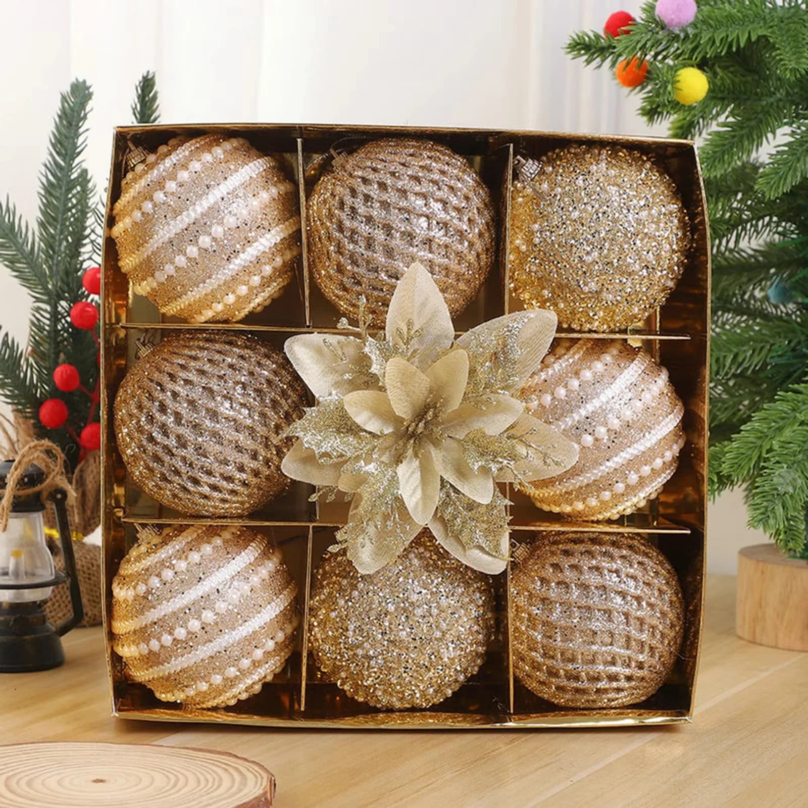 9Pcs Christmas Tree Ornaments 8cm Glitter Balls Plastic Baubles Hanging Holiday Decor for Home Xmas Party Decoration