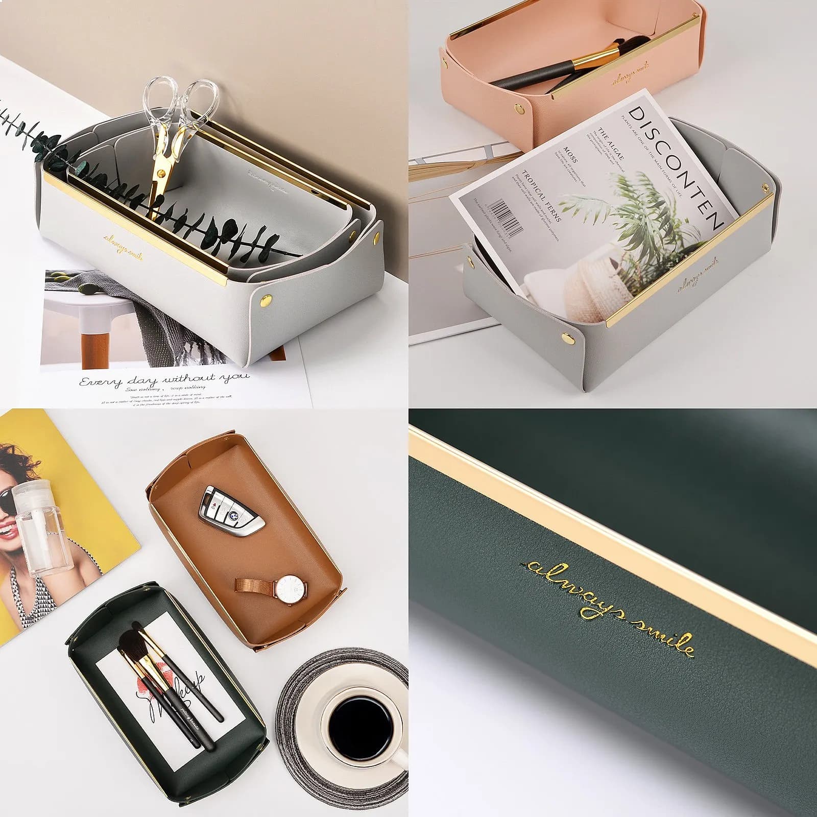 Nordic Style Gold Edge Leather Desk Organizer Tray for Cosmetics, Jewelry, Snacks Storage