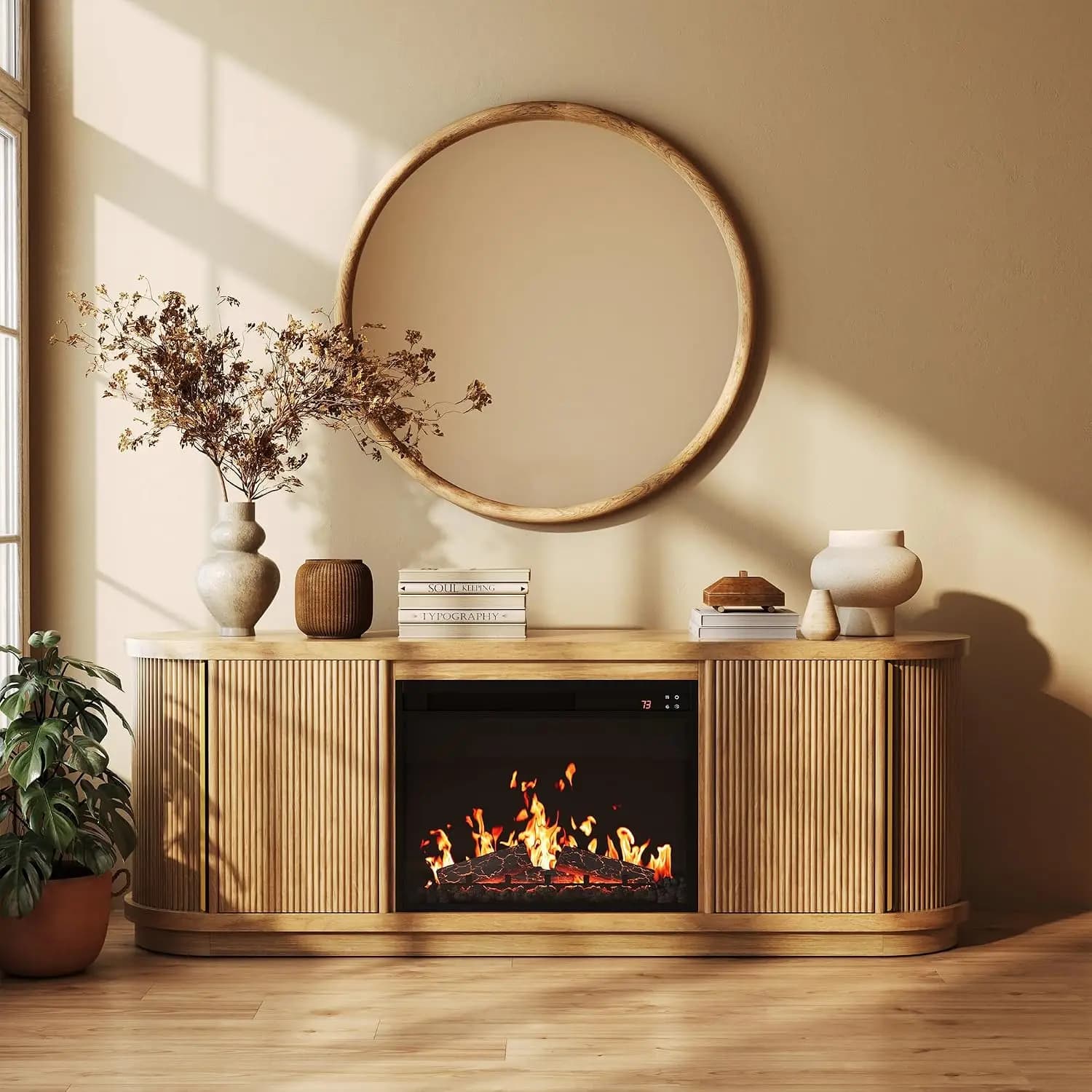 For TV up to 75",Fireplace with Realistic Sound of Burning Matches,Fluted Sliding Tambour Doors,Oval Curved