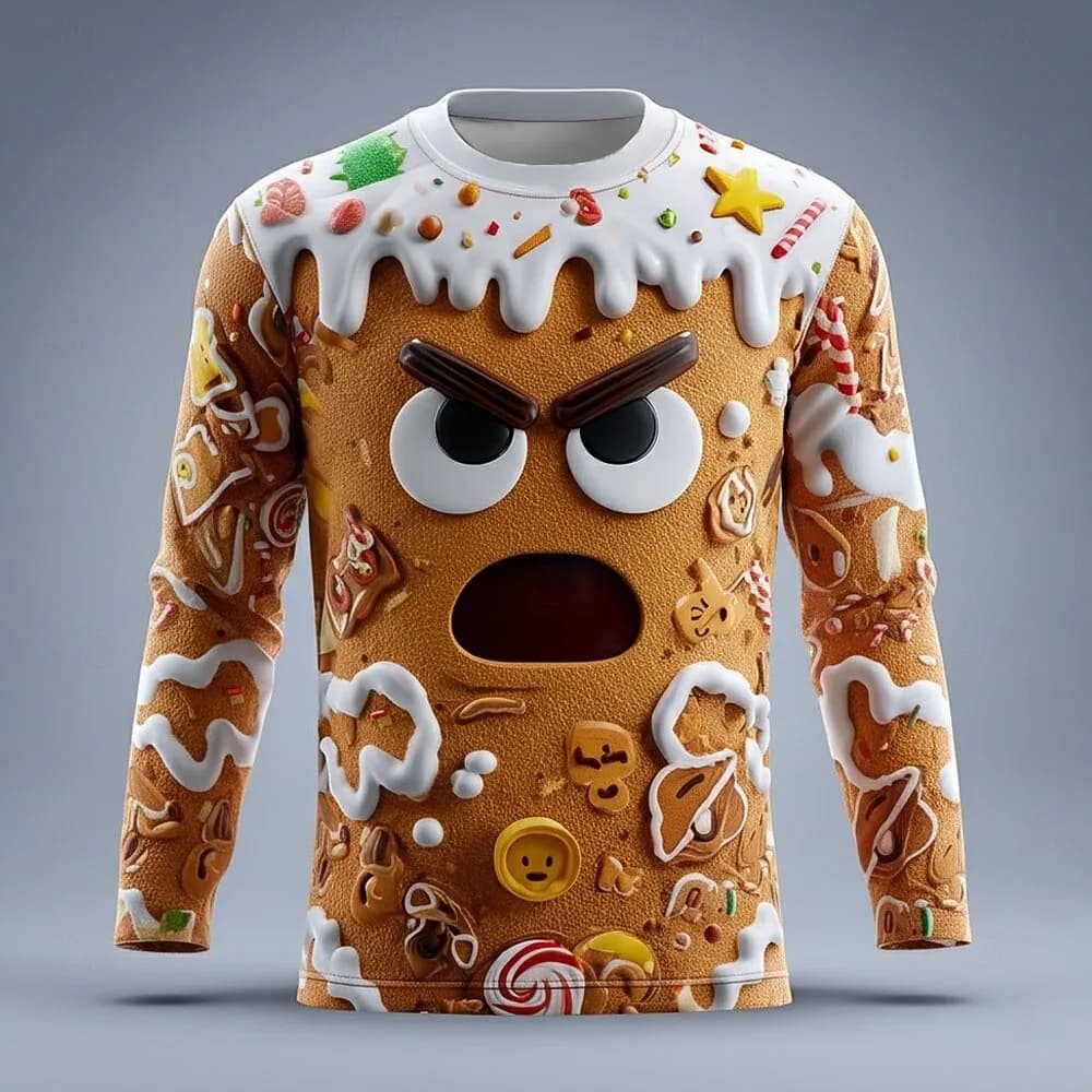 Christmas Men's 3D Gingerbread T Shirt Long Sleeve T shirt 3D Print Crew Neck Shirt Fashion Street Casual Daily Men's Clothing