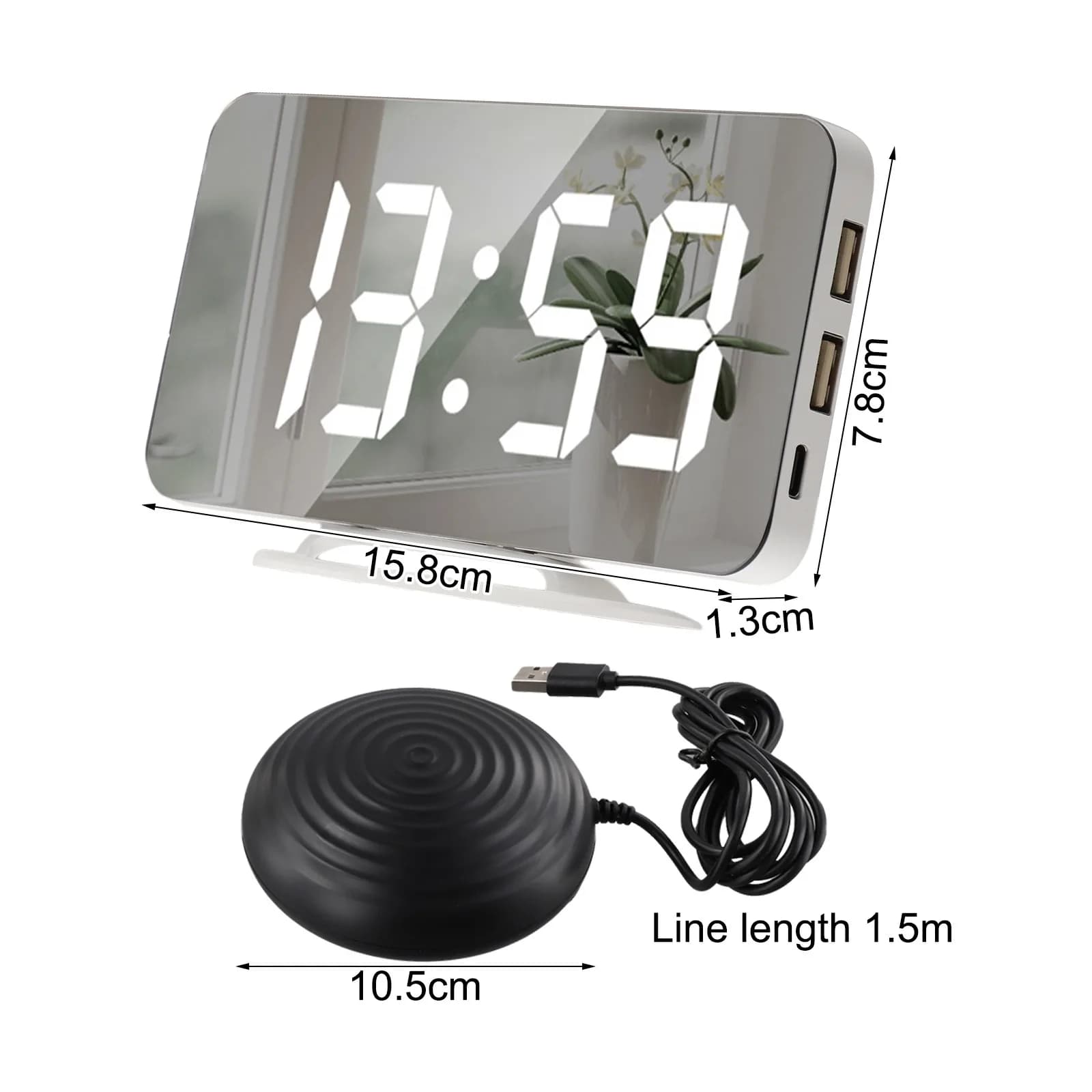 Adjustable Brightness for LED Mirror Clock Powerful Bed Shaker Snooze Functionality LxWxH 15.8x1.3x7.8cm For Bedroom Decor