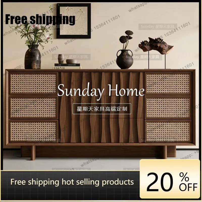 Factory Direct Woven Vine Creative Walnut-colored Chest of Drawers for Living Room Large Capacity Storage  Entryway Cabinet