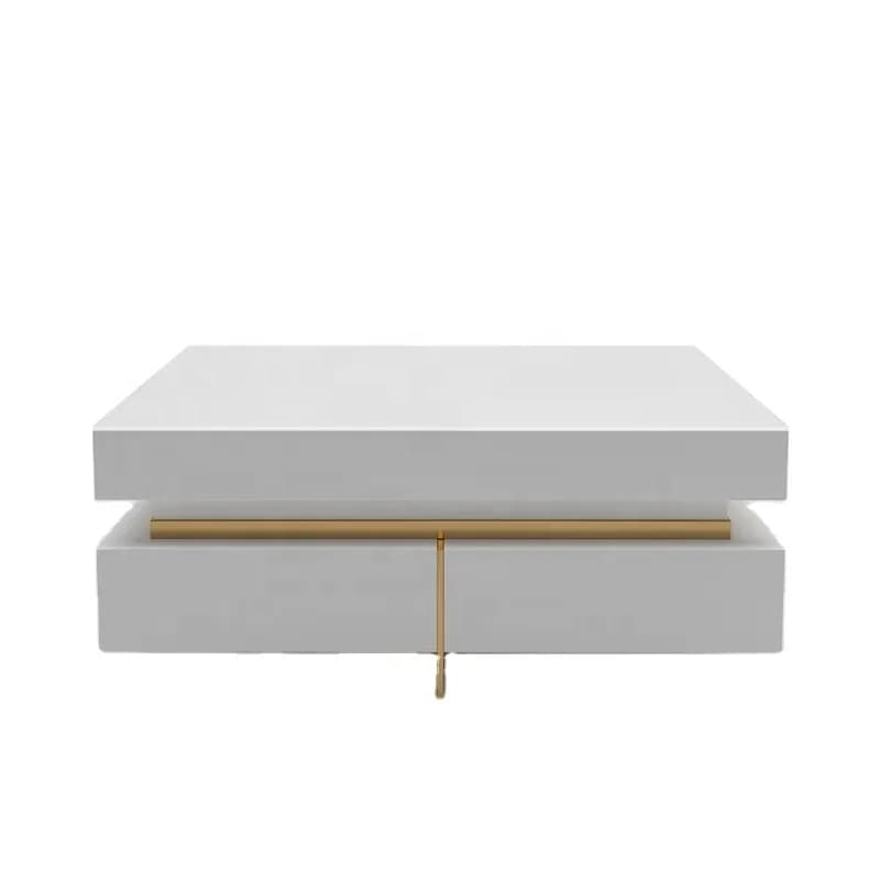 -ForWhite modern square coffee table with drawers tempered glass top and metal legs with storage space&