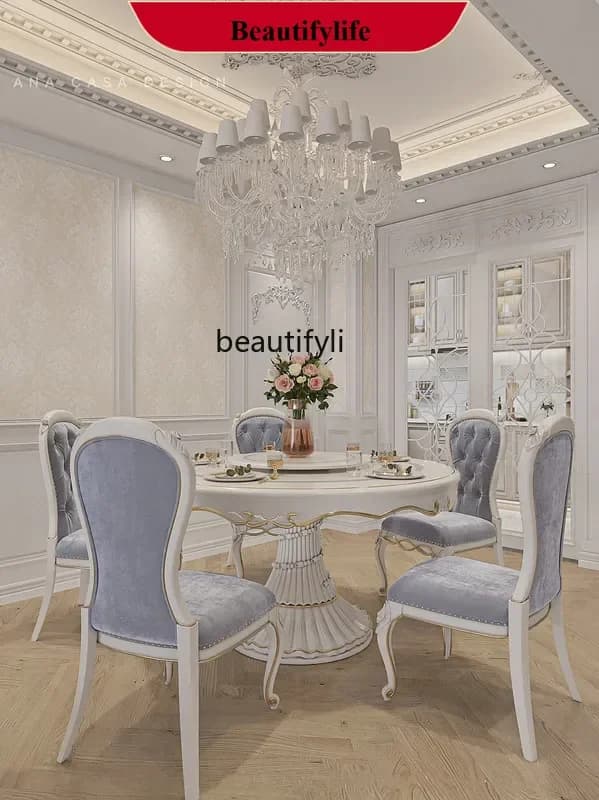 z183 Court French furniture European solid wood carving flower dining table 1.5 meters round table with turntable