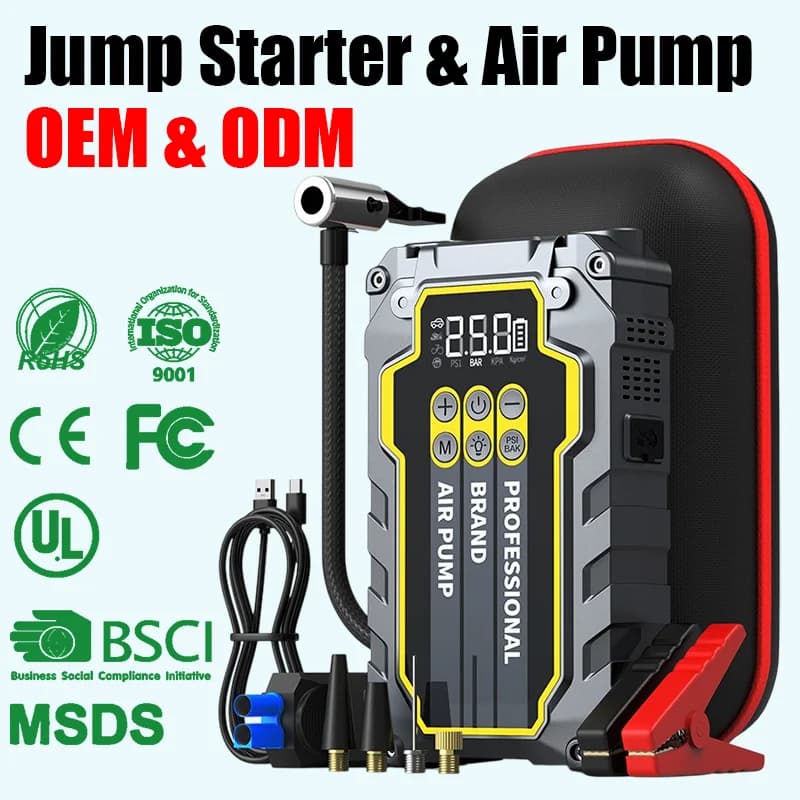 Portable 12V Car Jump Starter Tire Inflator USB Power Output And Emergency LED Light For Roadside Assistance 21700 18650