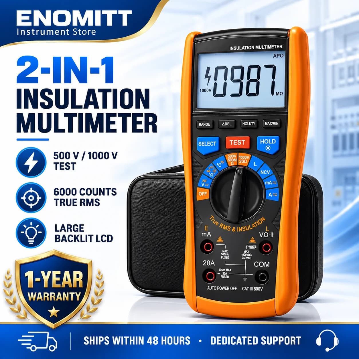 Insulation Resistance Tester 1000V Megohmmeter W/TRMS Multimeter 2 in 1, Megaohm Meter W/IR Test, NCV, Volt, 20A Current