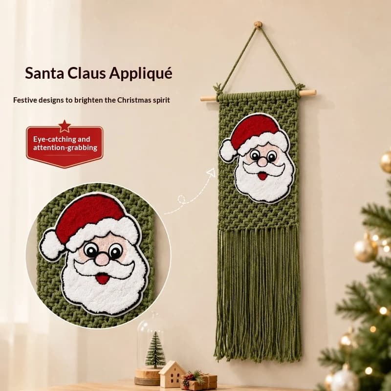 Christmas Santa Claus Woven Wall Hanging Tapestry, Boho Tassel Mini Wall Decor, Handmade Fabric Applique Ornament Christmas