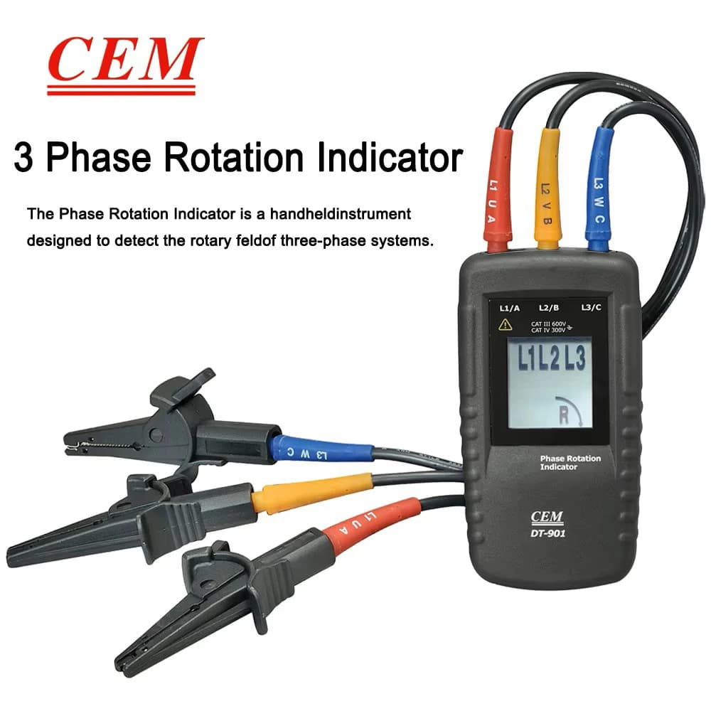 CEM Handheld 3-Phase Rotation Indicator Meter, AC Phase Sequence Indicator 40V-690V AC with LCD Display