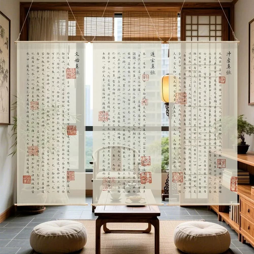 Zen Room hanging room divider - Taoist Scripture Semi Transparent Gauze Tapestry, for Tea Room & Meditation Space Decor