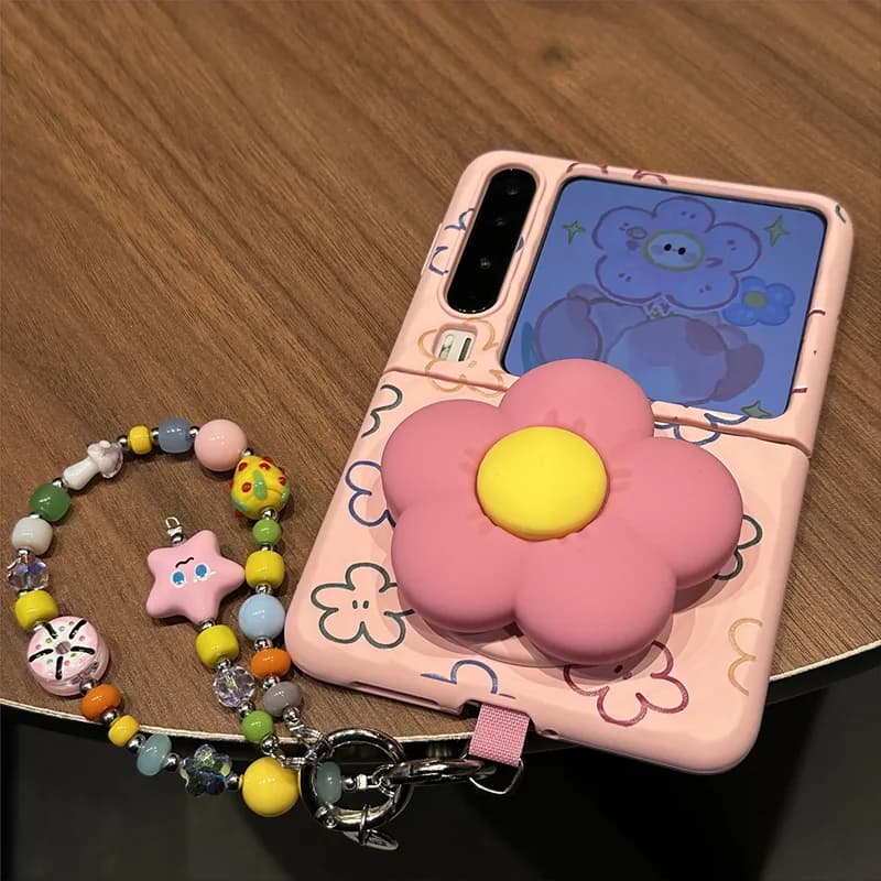 Cute 3D Pink Flower Stand Magnetic Phone Case For Samsung Z Flip7 Z Flip6 Z Flip5 / Xiaomi Mix Flip / Oppo Find N3 Flip