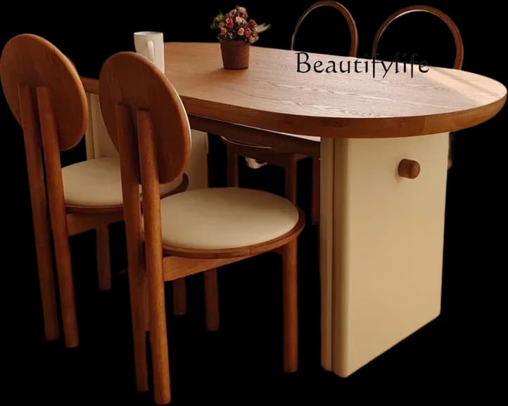 N36 French Retro Solid Wood Oval Dining Table Design Small Apartment Dining Table Cream Style Rectangular Furniture