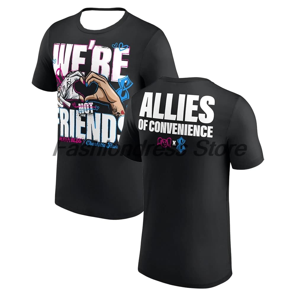 Men's Black Alexa Bliss and Charlotte Flair Allies of Convenience T-shirt Crewneck Short Sleeve Tee Women Streetwear Tops