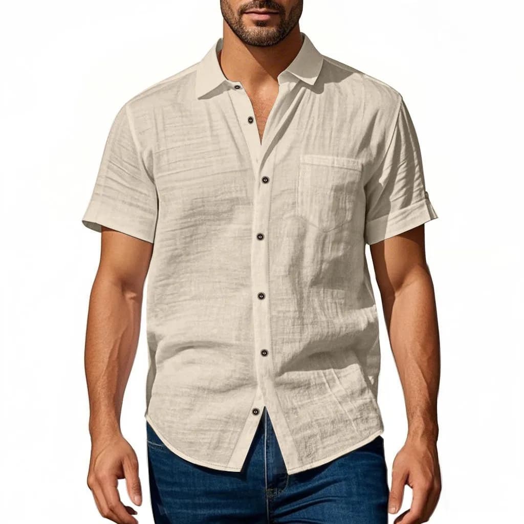 Men Short Sleeve Linen Shirt Summer Solid Color Lightweight Soft Casual Lapel Tops Male Daily Wear Beach Streetwear Apparel