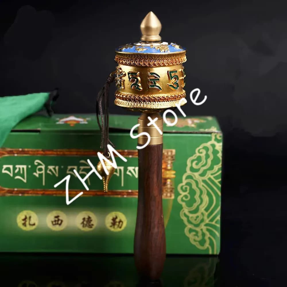 18.5cm Pure Copper Buddhist Tranic Suppliers Smooth Quiet Green Tara Scripture Hand Cranking Prayer Wheel Crafts