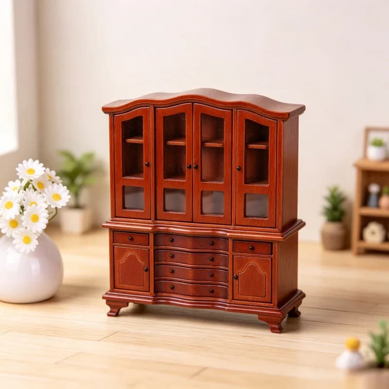 Mini Cabinet Vintage Pine Wood Display Cabinet with Drawers 1:12 Miniature Storage Bookcase Living Room Furniture Decoration