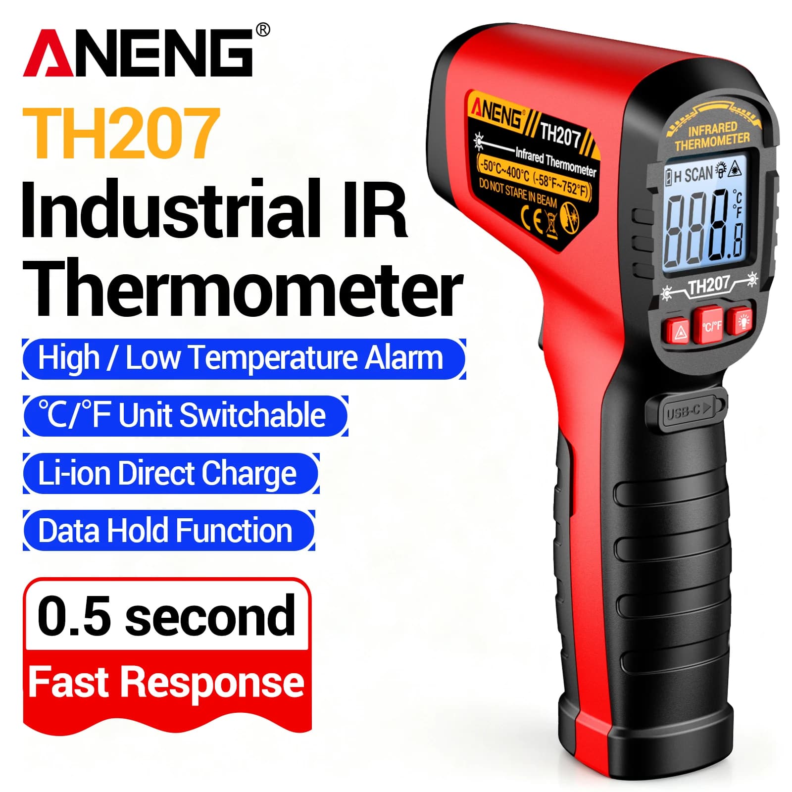 ANENG TH207 Digital IR Temp Gun Rechargeable Lithium -58℉~752℉ 12:1 D:S Laser Aiming Backlight ℃/℉ Non‑Contact HVAC BBQ Tester