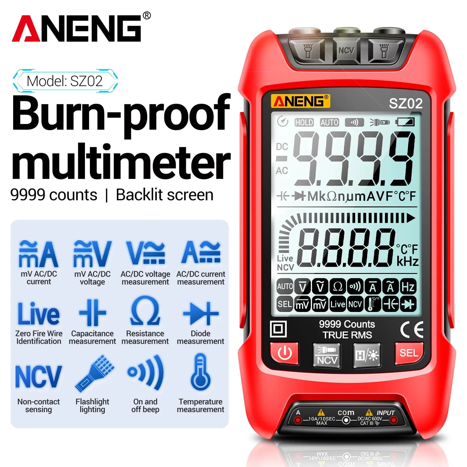 ANENG SZ02 Multifunctional Multimeter 9999 Counts NCV Non-Contact Test AC/DC Voltage Current Capacitance Temperature Measurement