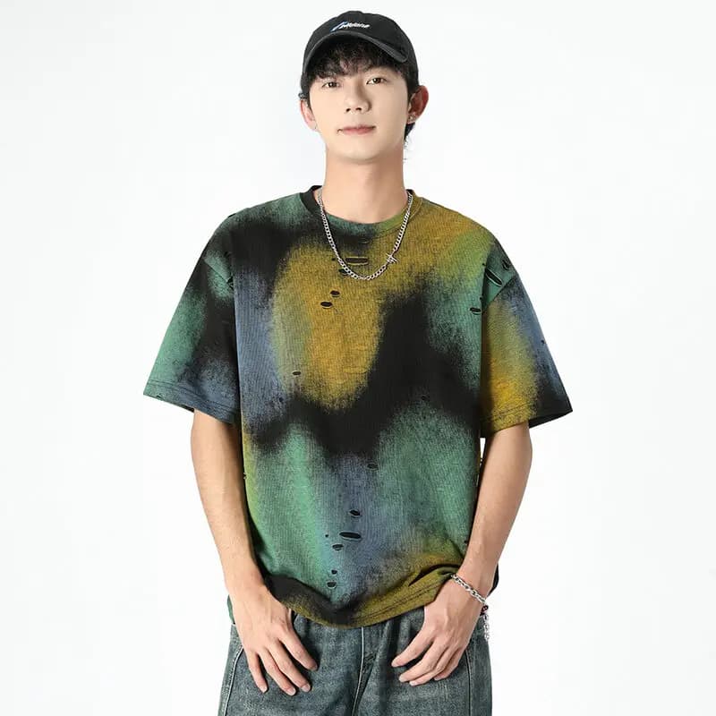 Men Short Sleeve Tie Dye T Shirt Trendy cotton Ripped Hole Design Casual Streetwear Summer Fashion Hip Urban Cool Tee
